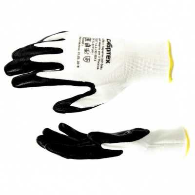 Перчатки полиэфирные с черным нитрильным покрытием маслобензостойкие, L, 15 класс вязки Сибртех Садовые перчатки фото, изображение